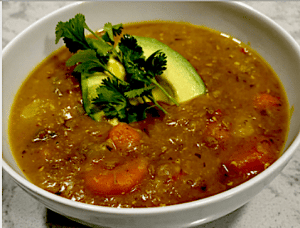 lentil soup is full of vegetables and Caribbean flavors from the Dominican Republic.