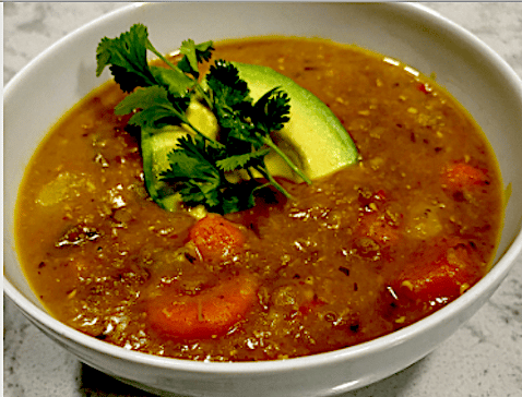 lentil soup is full of vegetables and Caribbean flavors from the Dominican Republic.