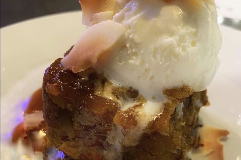 Sweet Mofongo With Rum Caramel and Coconut Ice Cream