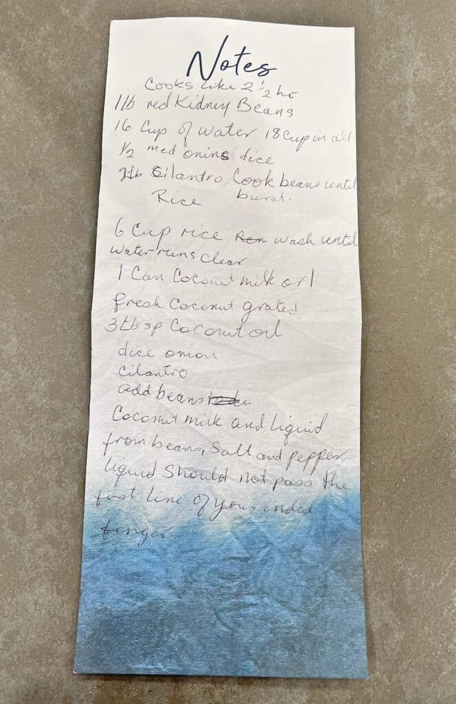 handwritten Belize red beans rice recipe from Maria and Maggie