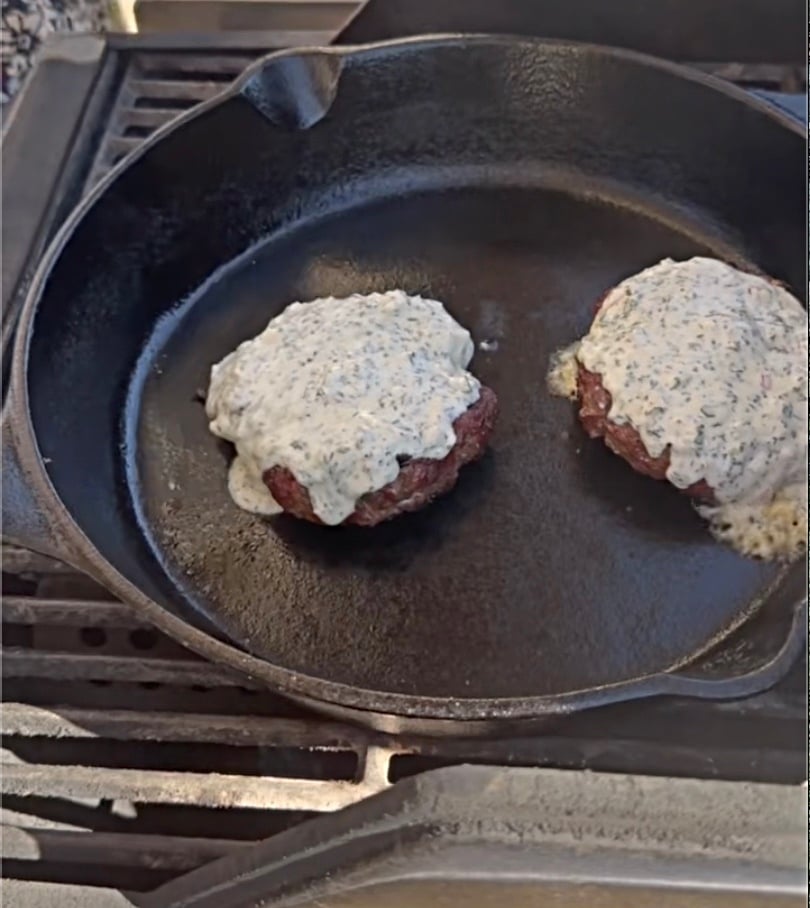 Chimichurri burgers in cast iron pan