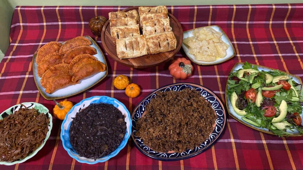 Emily Thanksgiving includes ropa vieja, black beans and rice, congri, yuca, and pastelillos de guayaba.